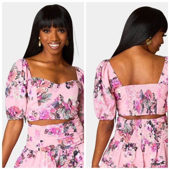 Buddy Love Pink Floral Puff Sleeve Blouse Size Small Cropped Whimsy Smocked Boho - Picture 7 of 7